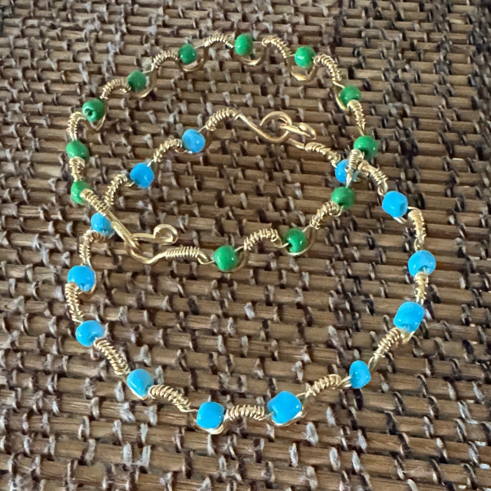 Gold-Tone Bracelet with Blue and Green Beads